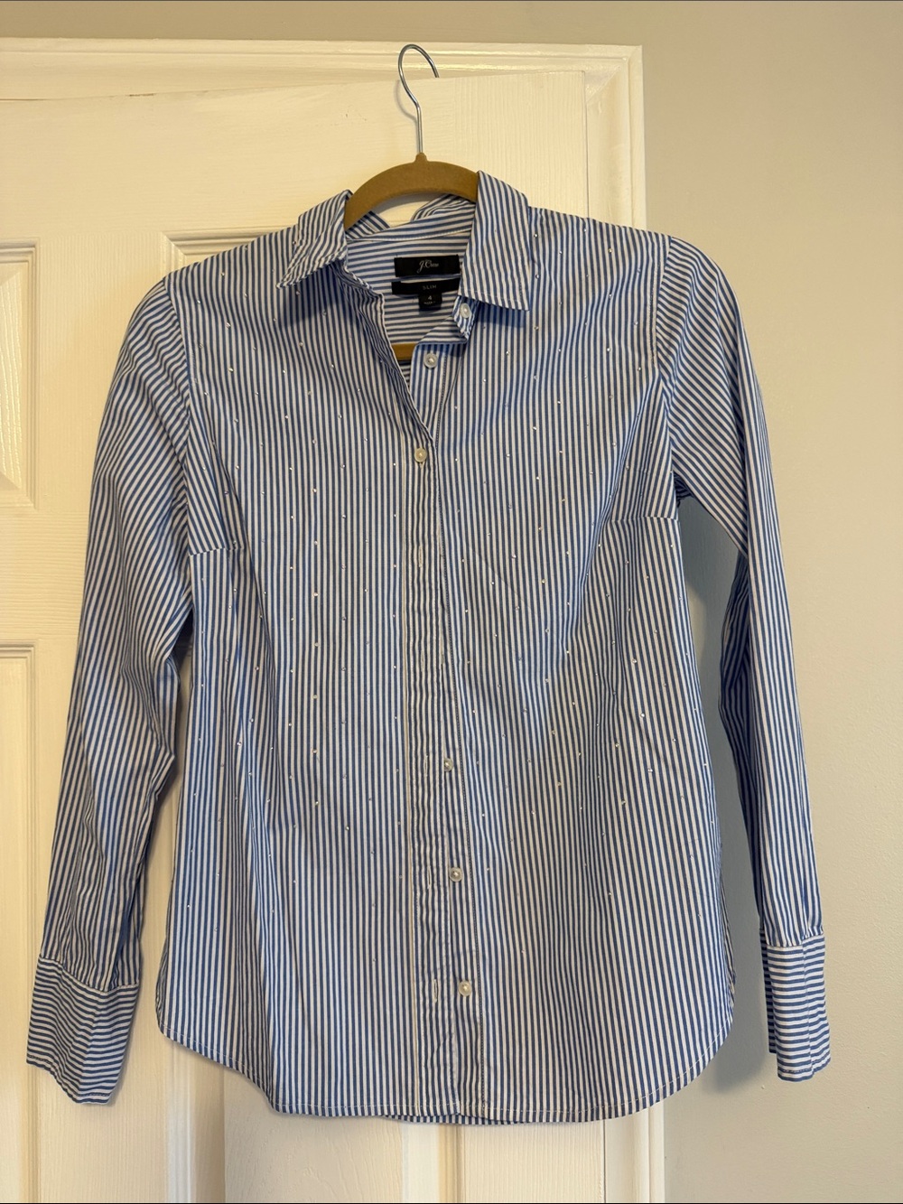 J. Crew Blue and White Vertical Stripe Dress Shirt with Gemstones